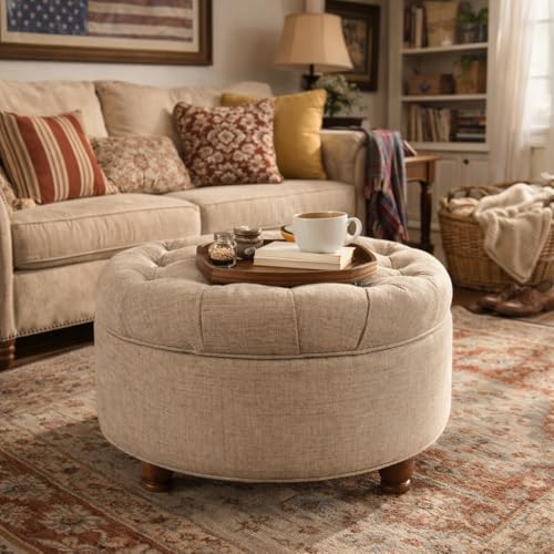 Homepop Home Decor Button Tufted Woven Round Storage Ottoman Large - color: Light Tan