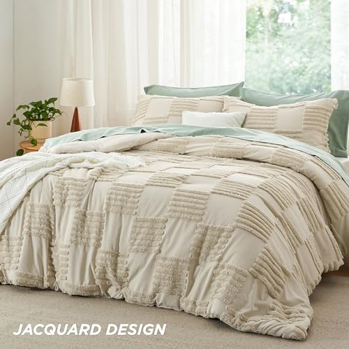 Bedsure Full Size Comforter Set Linen, Boho Tufted Bed Set, Grande Checkered Farmhouse-Style Distressed Vintage Bedding, 3 Pieces, 1 Plaid Geometric Comforter and 2 Pillow Shams - color: 07 - Linen - Large Checkboard, size: Full