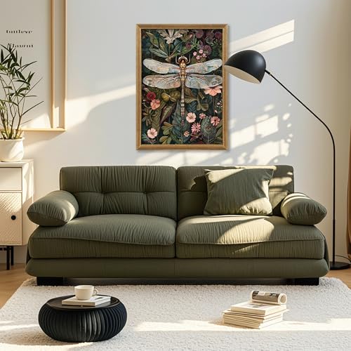 ICHZUMW William Morris Vintage Dragonfly Canvas Wall Art Framed, Green Botanical Wall Decor Pictures for Bedroom Living Room, Colorful Nature Painting Artwork Prints, Rustic Home Decorations, 16x24in - color: Dragonfly, size: 24"L x 16"W