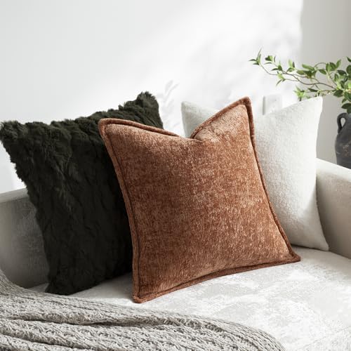 DEZENE Pack of 2 Burnt Orange Fall Decorative Throw Pillow Covers 18x18 Cozy Soft Chenille Accent Vintage Square Couch Pillow Covers for Home Decor Bed Sofa Living Room - color: Burnt Orange, size: 18" x 18" (Pack of 2)