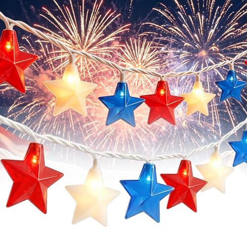 8.5Ft Red White and Blue Star Lights, 4th of July String Lights Plug in with 10 Five Star LED Bulbs, Fourth of July Decorations for Independence Day Patriotic Party, White Wire - color: 10 Red White Blue Five-Star