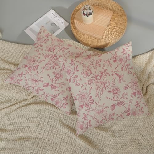 Pink Vintage Floral Pillow Covers 16x16 Inch 2 Pcs Preppy Pink Cream Rustic Toile Chinoiserie Flower Decor Throw Pillows Outdoor Decoration Pillowcase Linen Cushion Cover for Couch Sofa Bed - color: Pink Floral, size: 16" x 16" (Pack of 2)