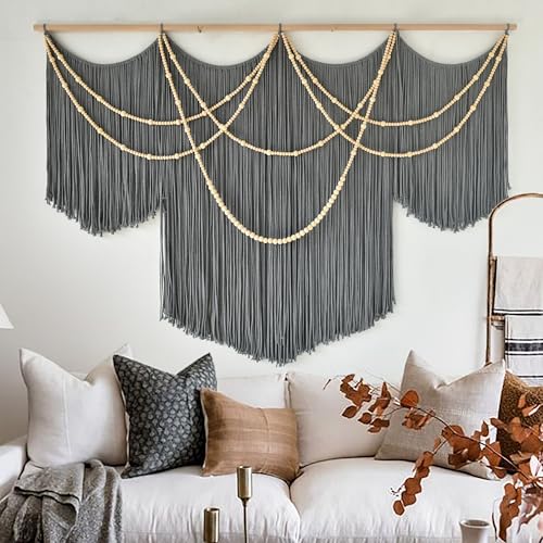 Flber Macrame Wall Hanging Boho Wall Art Beads Tassels Modern for Living Room Bedroom Large Geometric Wall Decor 57" W x 39" L - color: Gray1