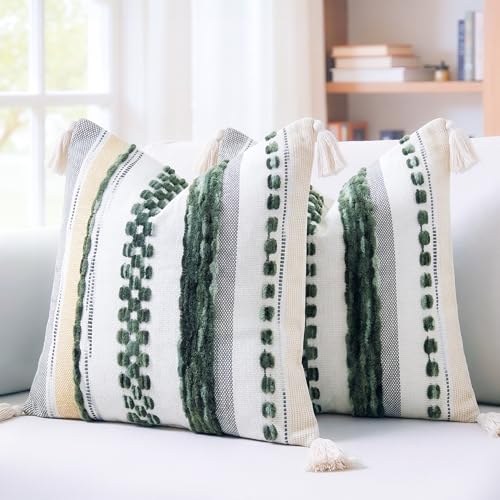 PANOD Chenille Farmhouse Throw Pillow Covers 16 x 16 Dark Green, Neutral Boucle Couch Pillow Cover, Striped Decorative Boho Coushion Cover Pillow Case for Couch Bed Sofa Bedroom,Modern Accent,Set of 2 - color: Dark Green Tone, size: 16" x 16" (Pack of 2)