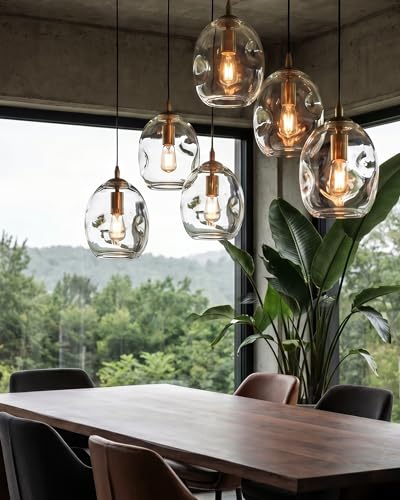 CASAMOTION Pendant Lights Kitchen Island 2 Pack Modern Contemporary Clear Glass Organic Globe Brass Gold Hanging Light Adjustable Cord Bedroom Dining Table Small Medium Lamp 8 Inch - color: Clear+Gold 8"H-2 Pack