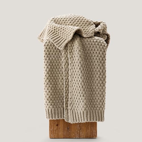 EVERGRACEHOME Chunky Chenille Knit Throw Blanket for Couch, Soft Luxurious Moss Stitch Blankets for Bed, Cozy Decorative Farmhouse Knitted Throws for Sofa, Sand Dune, 60" x 80" - color: Sand Dune, size: 60" X 80"