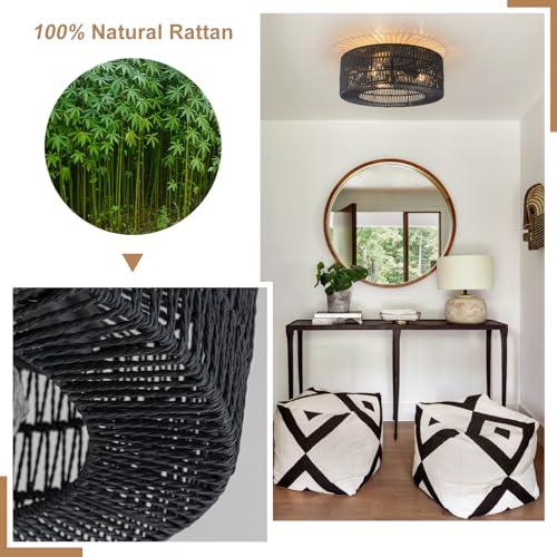 SineRise Flush Mount Ceiling Light (18-Inch, LED Bulb Included), Hand-Woven Boho Rattan Ceiling Light Fixture, Rattan Chandelier for Hallway Kitchen Farmhouse Foyer Entryway Living Room(Black) - color: Black, size: Large