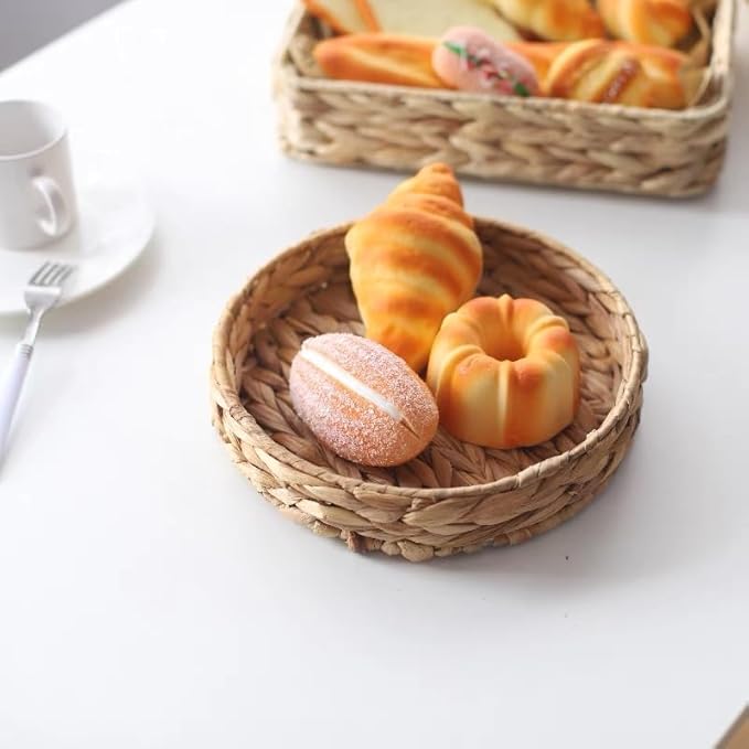 Kingwillow Small Handwoven Water Hyacinth Round Tray, Decorative Fruit & Servicing Basket for Centerpiece, Coffee Table, Dining & Home Decor
