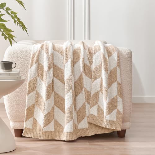 Snuggle Sac Chevron Throw Blanket for Couch, Reversible Super Soft Warm Blankets Cozy Knit Fuzzy Plush Lightweight Throws for Sofa, Bed, Camping, Beige,50x60 inches - color: Chevron Beige, size: Throw(50"x60")