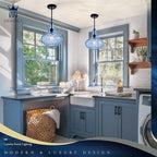 11" Hand-Blown Blue Glass Pendant Light, Hammered Glass Shade with Black Finish, Adjustable Modern Hanging Light Fixture for Kitchen Island, Dining Room, Hallway, Living Room - color: Blue Rod