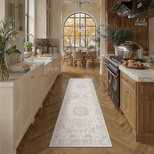PureCozy 2x4 Runner Rug Washable Neutral Beige Vintage Hallway Kitchen Carpet Non Slip Low Pile Soft Floral Indoor Long Throw Rug for Bedroom Bathroom Laundry Living Room - color: Vintage | Beige, size: 2' x 4' (Runner)