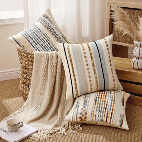 ANRODUO Pack of 2 Boho Decorative Throw Pillow Covers 20x20 Farmhouse Cushion Case Striped Chenille Pillow Cases Square Pillow Covers Accent Neutral Pillowcase for Sofa Couch Bed,Brown Stripe - color: Brown Stripe, size: 20" x 20" (Pack of 2)