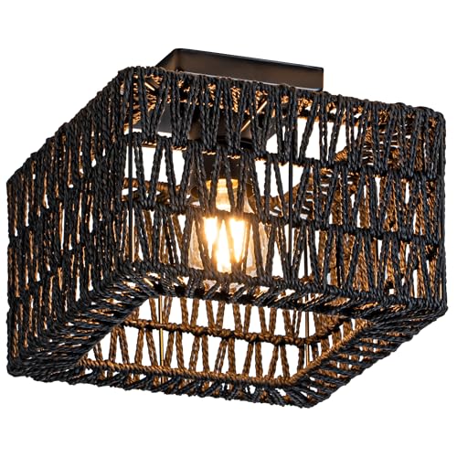Rpzloila Rattan Ceiling Light, Black Boho Light Fixture, Square Flush Mount Ceiling Light for Bedroom, Hallway, Entryway, Kitchen, Laundry - color: Black, size: 1-Light-Square
