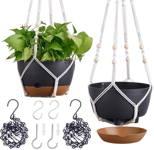 montresor Set of 2-8 Inch Hanging Planters for Indoor Plants with Self-Watering Includes Hanging Pots for Plants, Outdoor Hanging Plant Pot with Drainage, and 2 Types of Baskets Hangers (Black) - color: Black, size: 8inch