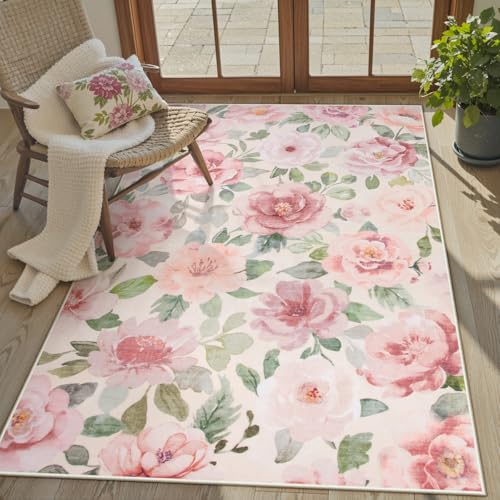 Lahome Floral Washable Rugs 3x5,Entryway Rug Soft Bedroom Rugs Ultra-Thin Home Decor Small Carpet for Bathroom Kitchen Rugs Kids Room,Office,College Dorm 3x5（Beige/Multi - color: Beige/Camellia, size: 3' X 5'(rectangular)