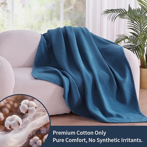 Premium 100% Cotton Blanket – All-Season Soft Breathable Bed Blanket for Queen Size – Lightweight Stylish Textured Throw for Bed– Giftable Cozy Bedding - color: Blue, size: Queen(80" x 90")