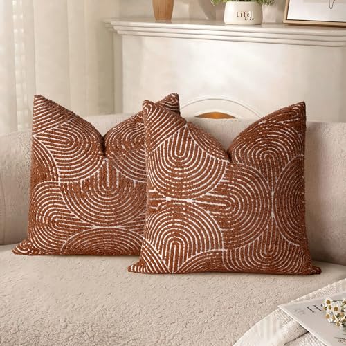 AELS Boho Decorative Textured Throw Pillow Covers 16x16, Modern Mid Century Rainbow Tufted Pillow Case, Farmhouse Rustic Geometric Woven Cushion Case for Bed Couch Sofa, Burnt Orange - color: Burnt Orange, size: 16" x 16" (Pack of 2)