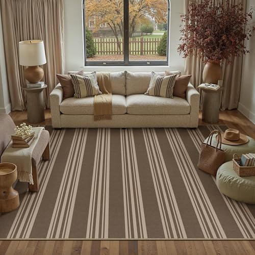 PureCozy Striped Easy Jute Rug 6x9 Brown Living Room Carpet Washable Non Slip Bedroom Rug Farmhouse Neutral Non Shedding Indoor Outdoor Large Carpet for Dining Room Under Table Office - color: Brown/Striped, size: 6' x 9' (Rectangular)