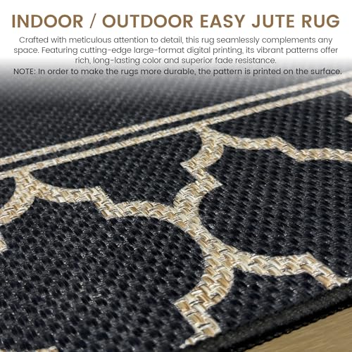 Washable Moroccan Easy Jute Rug, 5x7 Neutral Outdoor Indoor Patio Farmhouse Large Bordered Rugs, Woven Thin Non Slip Carpet Mat for Livingroom Bedroom Classroom Backyard Kids Nursery Play Room - color: Moroccan Black, size: 5' x 7'