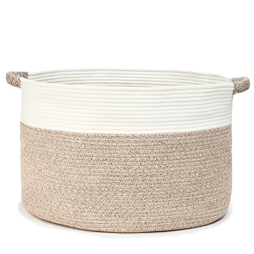 Extra Large Blanket Basket (22" Dx14 H) - Round Woven Rope Storage Bin for Living Room, Comforters & Bedroom Laundry - White/Mixed Brown - color: White/Mixed Brown, size: 22" X 22" X 14"