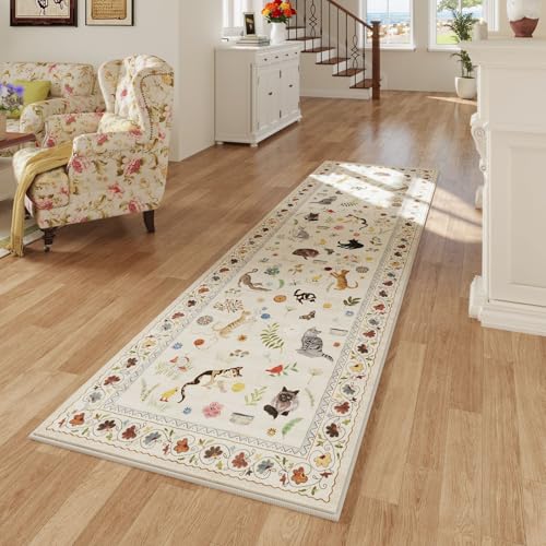 Rugcomf Runner Rug for Kitchen Non Slip 2'x6' Washable Rugs with Rubber Backing Soft Floral Animal Cat Carpet for Kitchen Laundry Bedroom Bathroom, Beige - color: Beige/Cat, size: 2' x 6' (Rectangular)