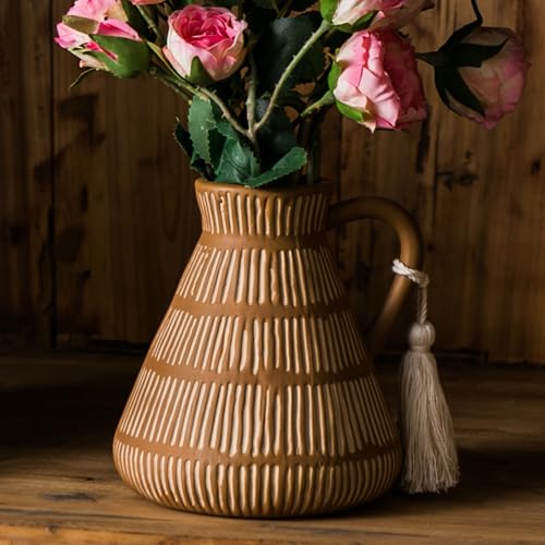 Mowtanco Rustic Farmhouse Vase with Handle and Tassel, Vertical Stripes Terracotta Pottery - Vintage Ceramic Clay for Home Décor, Shelf, Table, Bookshelf, Mantle, Entryway - color: Yellow - Tassel