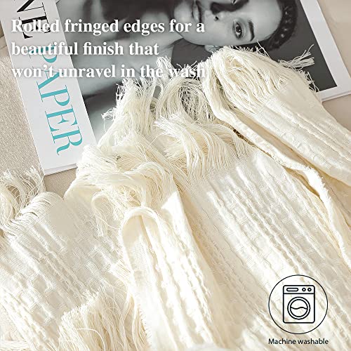 Simple&Opulence 100% Cotton Throw Blanket for Couch, Bed, Waffle Weave Cable Knit Blanket with Tassels, Soft Lightweight Pre-Washed Breathable Cozy Blanket Farmhouse Decoration for All-Season (White) - color: White