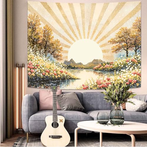 Lunerfex Sunburst Floral Tapestry - Nature Landscape Wall Hanging with Forest and Lake - Rustic Cottagecore Decor 80"x60" - color: Bright Yellow, size: 80"L x 60"W