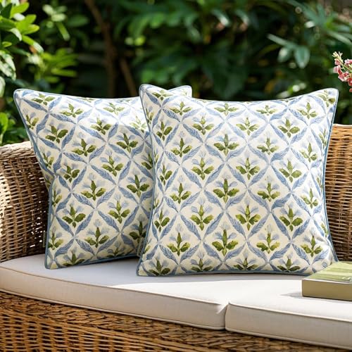 MIULEE Floral Decorative Pillow Covers Set of 2,Block Print Throw Pillowcases Outdoor Boho Farmhouse Vintage Coastal Summer Accent Cushion Cover Couch for paito Garden Sofa Bed 20x20 Inch, Blue-Green - color: Blue-green, size: 20" x 20" (Pack of 2)