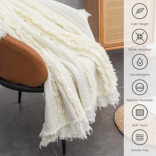 Ultra Soft Pre-Washed Warm Quilted Throw Blanket, Ruffle Fringed Cream Boho Decorative Throw, Stone Washed Chic Rustic Blanket for Sofa Couch Bed Chair, 50"x 60" - color: Cream, size: 50"x60"