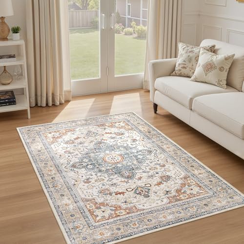 4x6 Area Rugs Washable Rug: Boho Large Neutral Vintage Soft Rug Stain Resistant Distressed Farmhouse Non-Slip Indoor Floor Carpet for Bedroom Entryway Nursery Kids Office Dining Room- Beige Blue - color: Beige Blue, size: 4' x 6' (Rectangular)
