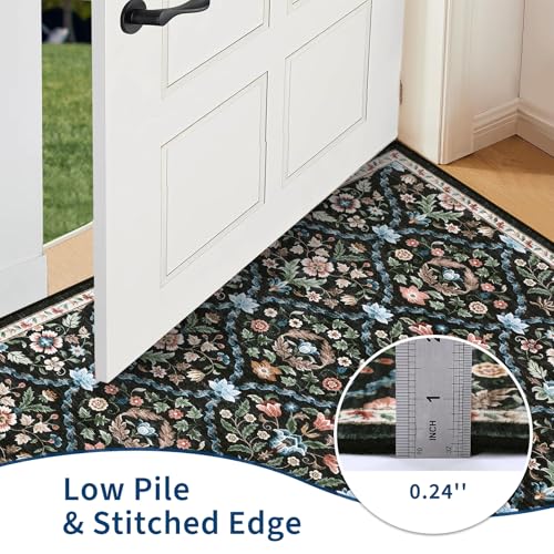 ROYHOME Small Rug Moroccan Trellis Washable Area Rug Doormat Stain Resistant Non-Slip Entryway Rug Distressed Floral Floor Carpet for Indoor Front Entrance Kitchen Bathroom, Black, 2' x 3' - color: Black, size: 2' x 3' (Rectangular)