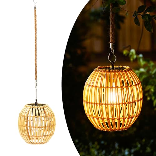 Livinlarge Hanging Solar Lantern Outdoor Waterproof, Large Solar Rattan Lantern Outdoor with Twine Handle, Bright Outdoors Hanging Lights with Edison Bulb for Garden Patio Yard Decoration - style: Solar Lantern