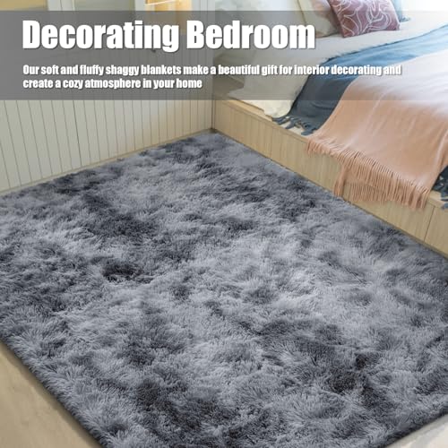 9x12 Fluffy Area Rugs for Living Room,Large Fuzzy Shag Area Rug for Bedroom,Soft Non-Shedding Indoor Plush Carpet for Kids Bedroom Nursery Home Decor,Tie-Dyed Black - color: Mottling Black, size: 9' x 12' (Rectangular)