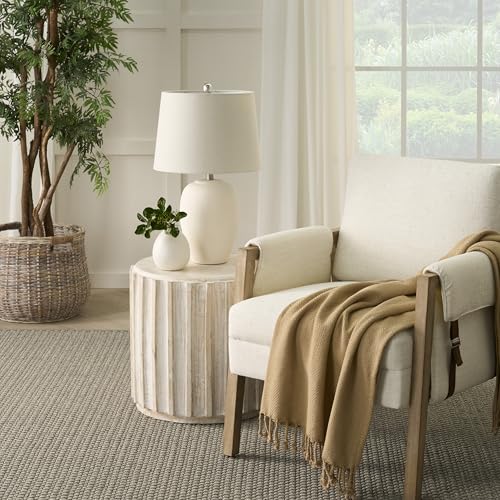 Nourison Home 23" Natural White Ceramic Jar Table Lamp for Bedroom, Living Room, Dining Office, with Off-White Shade - color: Off-White, size: 1 Lamp - Drum Shade