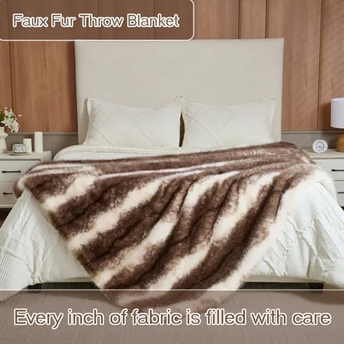 Luxury Fluffy Faux Fur Throw Blanket,Thick Fluffy Silky Fuzzy Cozy Blanket,Plush Blankets for Couch, Sofa, Chair, Bed-Faux Fur Brown Stripe 50 * 60inch - color: Faux Fur Brown Stripe, size: Throw (50" x 60")
