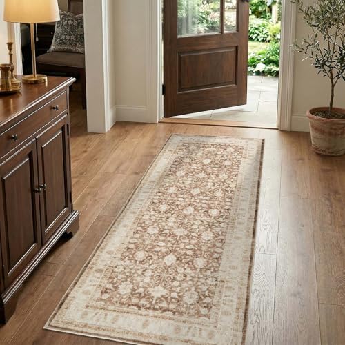 jinchan 2x5 Washable Vintage Runner Rug, Distressed Traditional Floral Hallway Runner, Soft Low-Pile Non-Slip Floor Mat for High-Traffic Kitchen Entryway Laundry Room Bathroom Vanity, Taupe - color: Oriental Taupe, size: 2' x 5' (Runner)