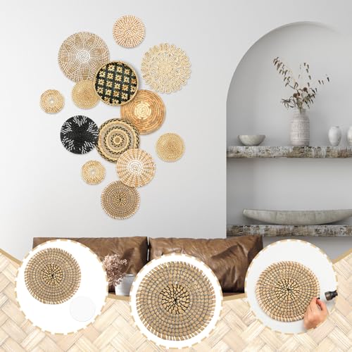 Glenmal Set of 13 Boho Wall Basket Decor Woven Rattan Flat Baskets Handmade Boho Wicker Bamboo Seagrass Wall Hanging Decor for Bedroom Living Room Dining Room Office Ready to Hang(Retro) - style: Retro
