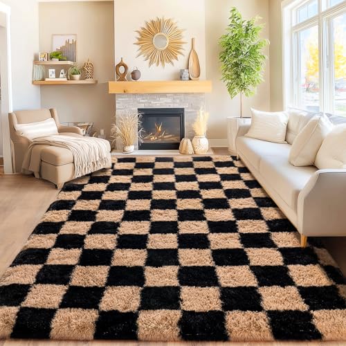Area Rugs for Living Room Bedroom 9x12, Ultra Fluffy Shag Checkered Rug Modern Washable Carpet Soft Shaggy Non Slip Indoor Plush Fuzzy Rugs for Bedroom Dorm Office Home Aesthetic Decor, Black & Beige - color: Black & Beige, size: 9' x 12' (Rectangular)