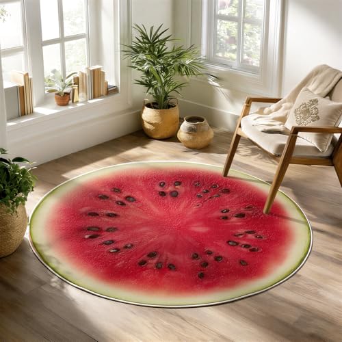 Cute Circle Rug, Watermelon Fruit Pattern Red Green Bright Summer Decor for Playroom, Washable Round Carpet, Soft Nursery Non-Slip Round Floor Mat for Kids Toddler Room Large Play Area Indoor 2 ft - color: A, size: 2' (Round)