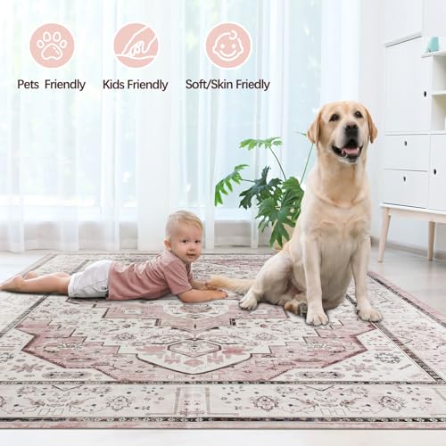 DECOMALL Maila Machine Washable Rugs 8x10ft, Traditional Oriental Pink Rug,Vintage Distressed Large Rugs Carpet for Living Room Bedroom - color: 10pink, size: 8' x 10' (Rectangular)