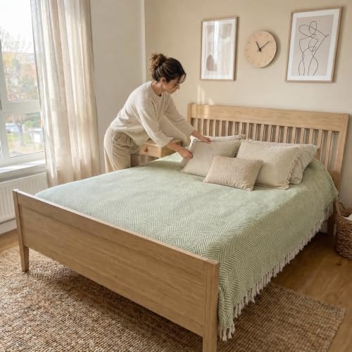 Bed Blanket, Queen Size (79 x 90 Inch), Cotton-Rich Blend, Soft Textured Woven Coverlet, Easycare, Lightweight & Breathable Bed Layering, All Season Bedding, Khaki Green - color: Khaki Green, size: Queen