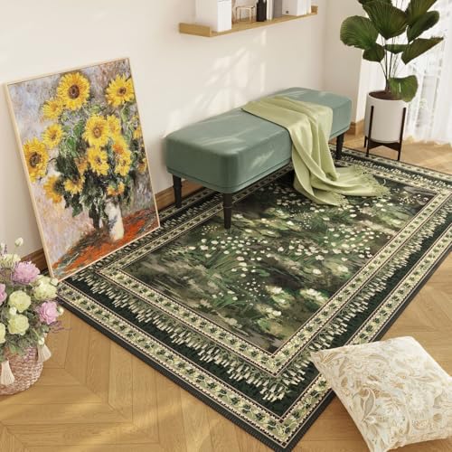 Rugcomf 3x5 Washable Rug Impressionist-Style Vintage Non Slip Low Pile Small Carpet for Bedroom Bedside Kitchen Entryway Kids Room Office College Dorm Essentials for Girls, Green - color: Green, size: 3' x 5' (Rectangular)