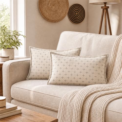 AVOIN colorlife Pack of 2 Decorative Throw Pillow Covers 20x12 Inch, Flange Edges Woven Textured Cushion Case Home Decor for Couch Sofa Bed Living Room Beige - color: Beige, size: 20" x 12" (Pack of 2)
