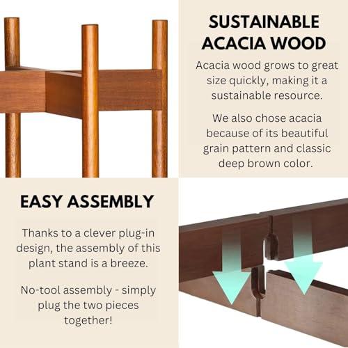 Fox & Fern Mid Century Tall Plant Stand — 10 Inch Fixed Size Raised Wooden Plant Stand for Indoor Planters (Not Included); Modern Flower Pot Holder with Plug In Design; Easy to Assemble - Acacia - color: Acacia Tall, size: 10 Inch - Fixed