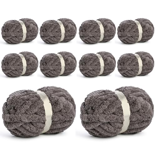 10 Pack Jumbo Chenille Yarn for Crocheting, #10 Super Bulky Baby Soft Yarn for Hand Knitting, 220 yds /70.5 oz Fluffy Chunky Knit Throw Blanket Yarn (Dark Grey) - color: Dark Grey