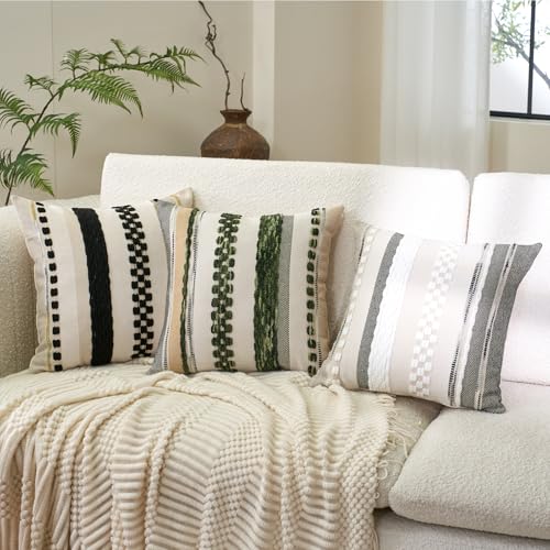 Aeckself Boho Throw Pillow Covers 18x18 Inch Set of 2, Farmhouse Decorative Striped Square Pillow Covers Chenille Tufted Pillow Cases Accent Neutral Pillowcase for Living Room Couch Bed, Gray - color: Gray