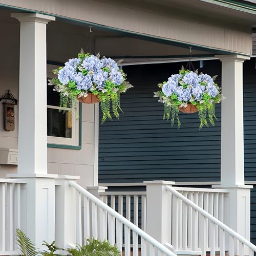 Ammyoo Artificial Hanging Hydrangea Flowers with Basket for Outdoor Spring Decoration, Fake Silk Hydrangea Flower Outdoor Indoor Arrangements, Fake Hanging Plants for Balcony Garden Yard Decor(Blue) - color: Z-blue With Basket