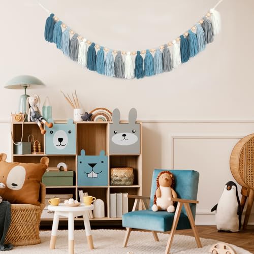 GIAUMA Dusty Blue Yarn Tassel Garland with Wood Beads Boho Bunting Banner Wall Hanging Tassels for Classroom Nursery Room Kids Bedroom Baby Shower Birthday Party Dorm Office Wedding Decor - color: Light Blue