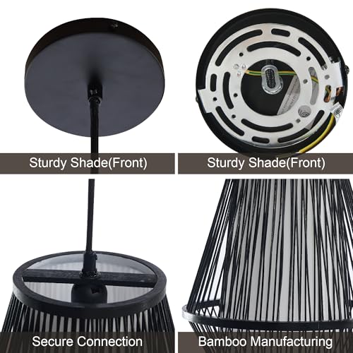 12 Inch Pendant Light, Hanging Ceiling Lamp with Handwoven Bamboo Basket Shade, Adjustable Pendant Fixture for Kitchen Island, Dining Room, Bedroom - color: Black